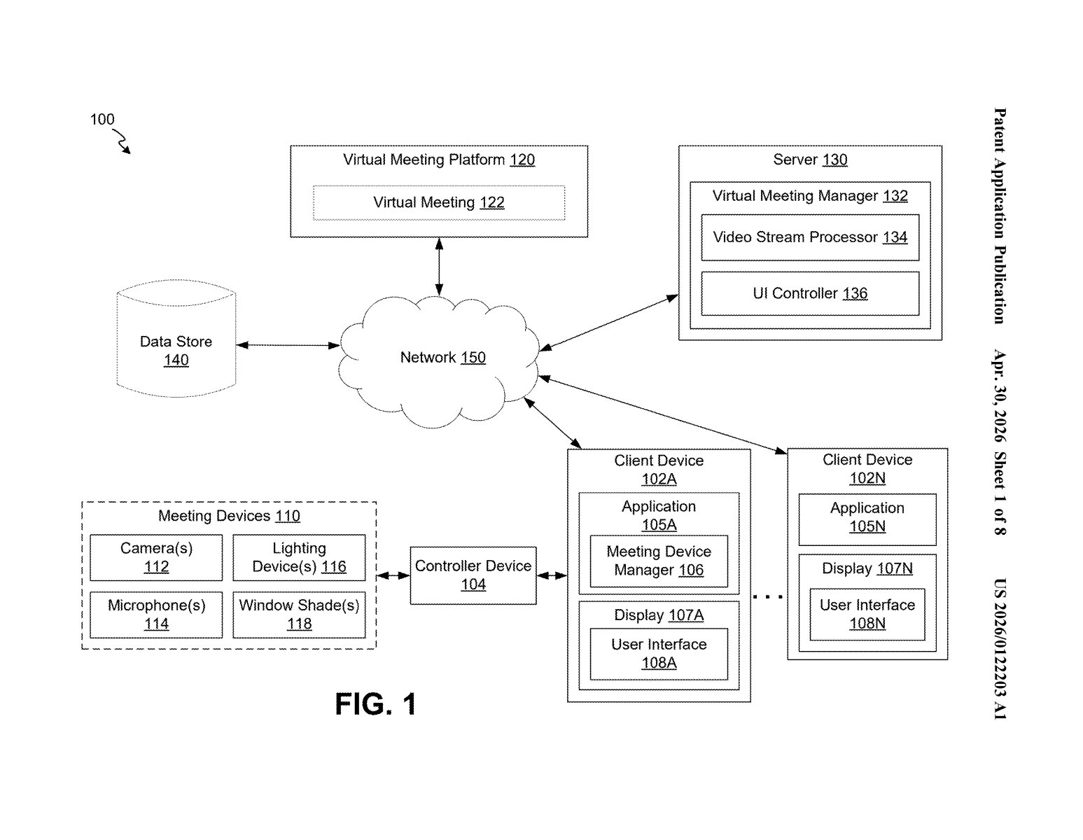 Google Patent: Remote Control Conference Room Hardware via Meet — figure from US 2026/0122203 A1