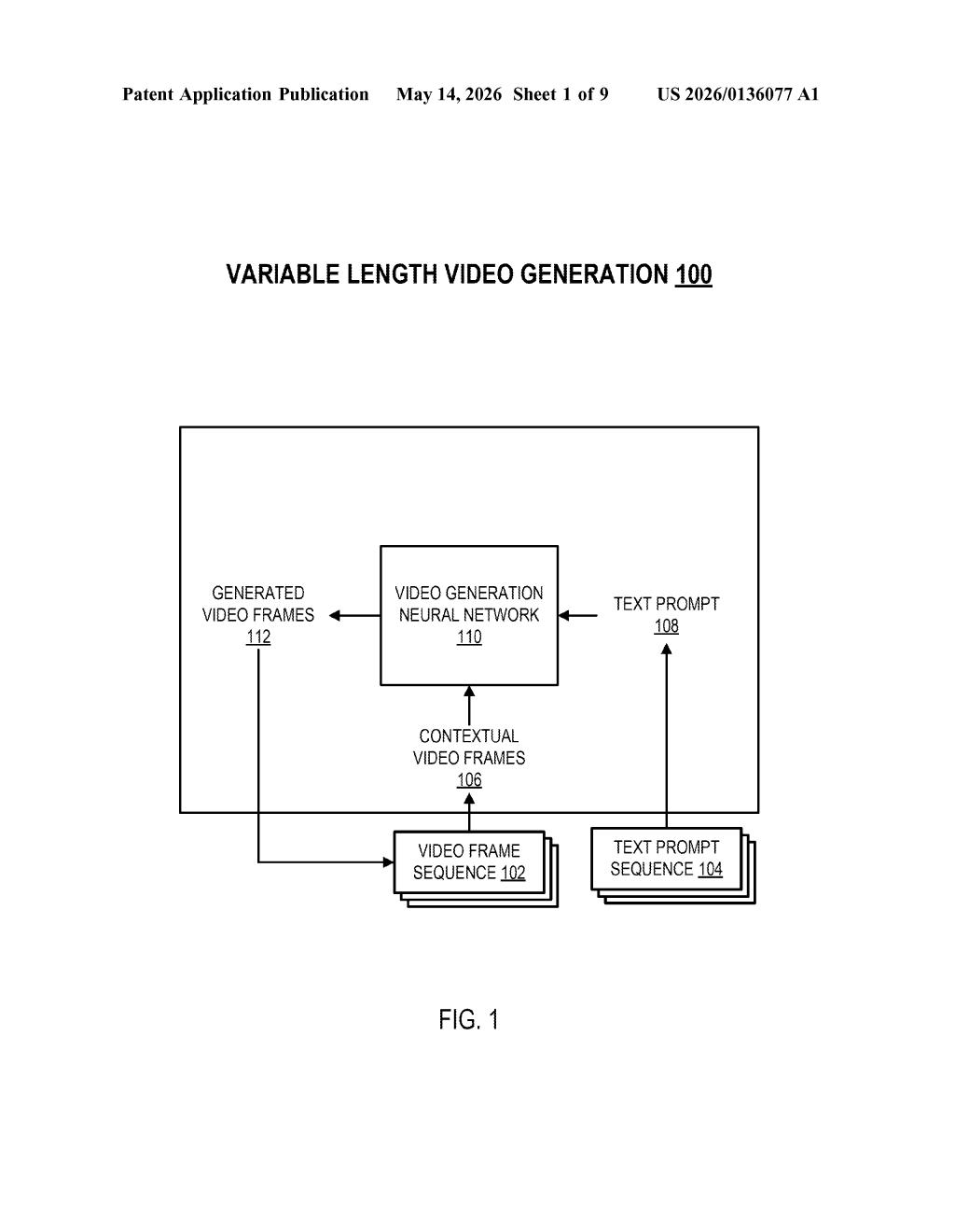 Google Patent: Variable-Length AI Video from Text Prompts — figure from US 2026/0136077 A1