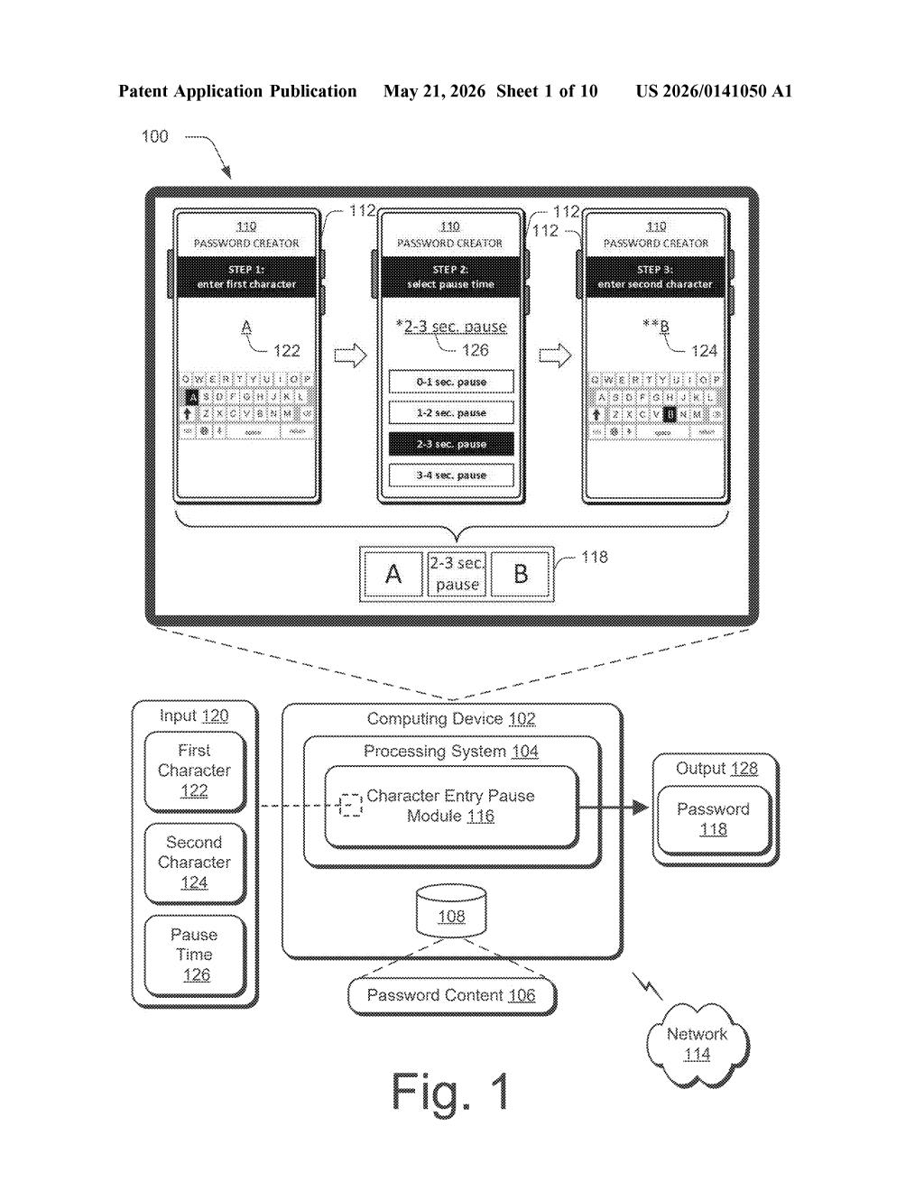 Adobe Patent: Passwords With Timed Pauses Between Characters — figure from US 2026/0141050 A1