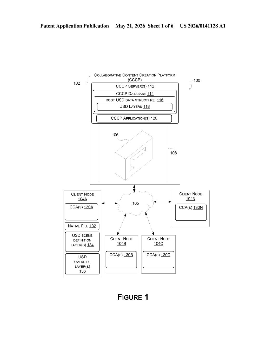 Nvidia Patent: Real-Time 3D Scene Sync for Collab Tools — figure from US 2026/0141128 A1