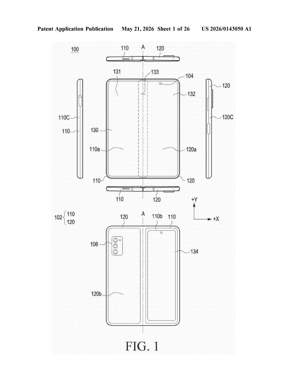 Samsung Patent: Foldable Phone Hinge with Spiral Mechanism — figure from US 2026/0143050 A1