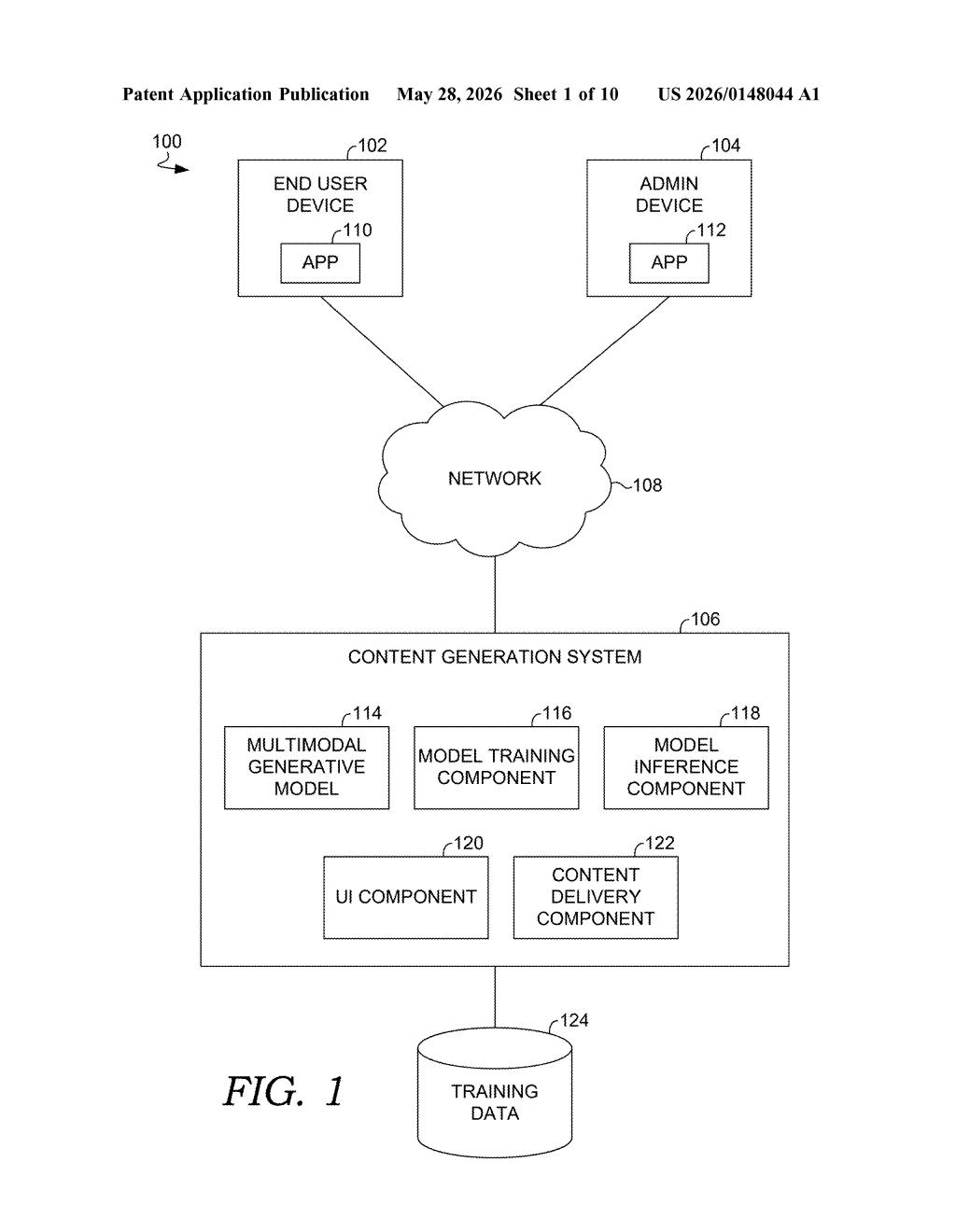 Adobe Patent: AI Content Generation Guided by Performance Metrics — figure from US 2026/0148044 A1