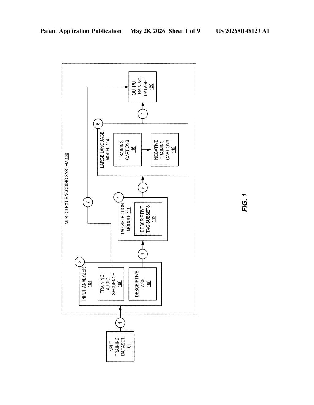 Adobe Patent: Diverse Music-Text AI Training Data — figure from US 2026/0148123 A1
