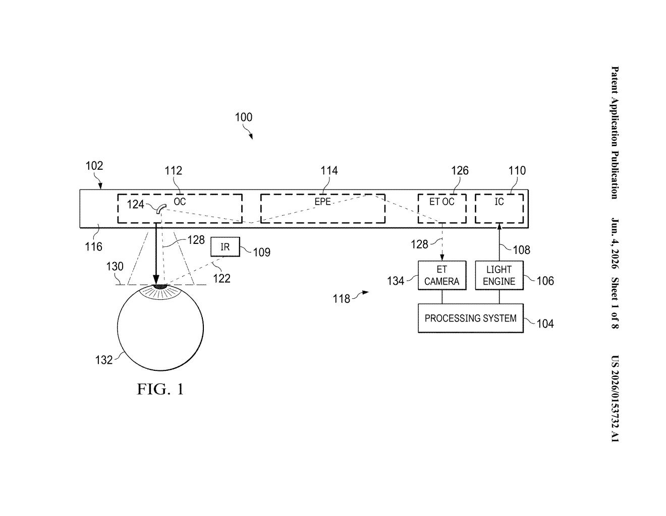 Google Patent: Embedded Eye Tracking in AR Waveguide — figure from US 2026/0153732 A1