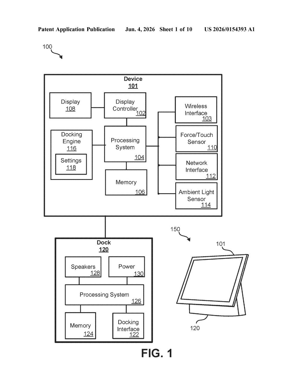 Google Patent: Docked Tablet Lock Screen Smart Home Controls — figure from US 2026/0154393 A1
