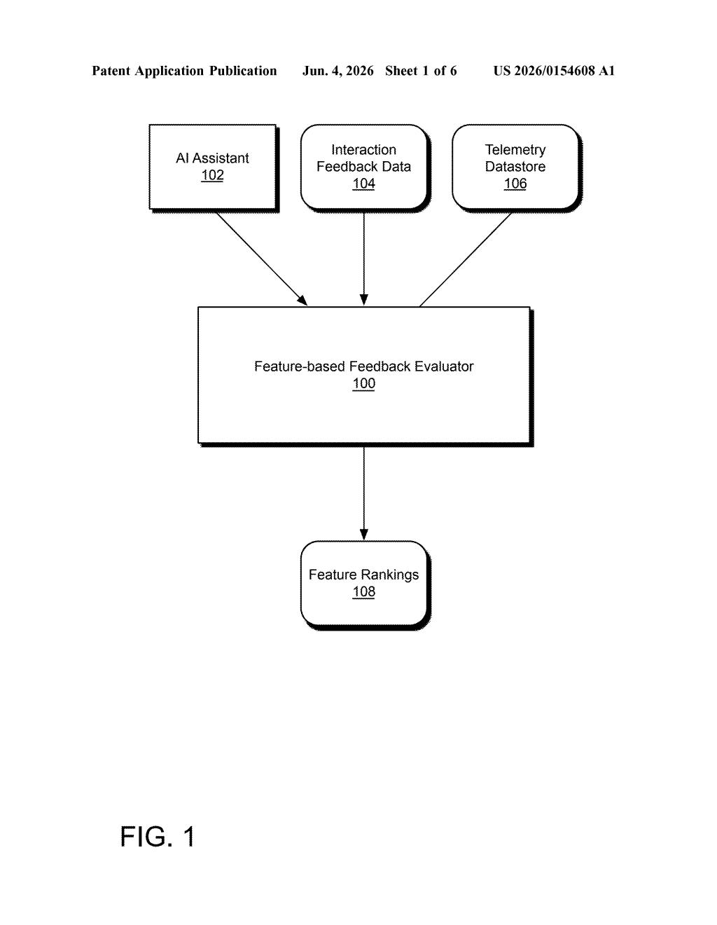 Microsoft Patent: AI Assistant Feedback Evaluation System — figure from US 2026/0154608 A1