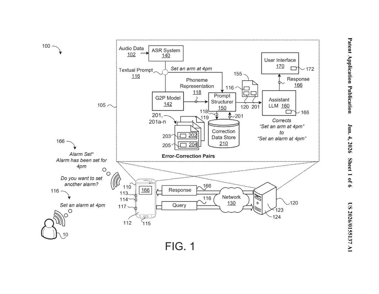Google Patent: LLM Speech Recognition Error Correction — figure from US 2026/0155137 A1
