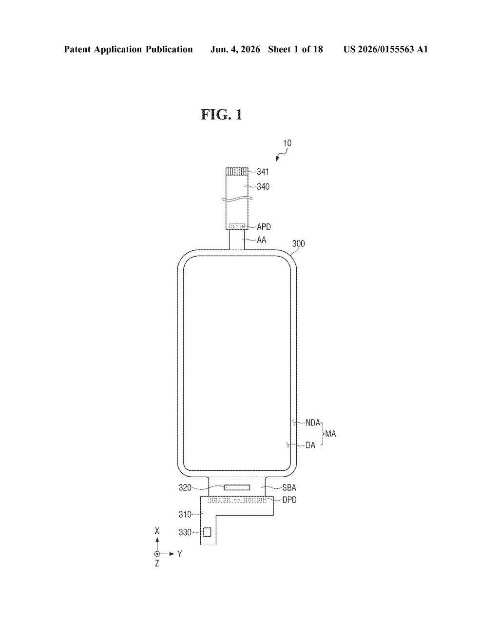 Samsung Patent: Built-In mmWave Antenna Array in Display — figure from US 2026/0155563 A1