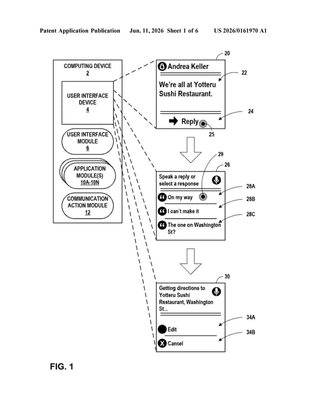 Google Patent: Auto-Actions After Smart Reply Selection — figure from US 2026/0161970 A1