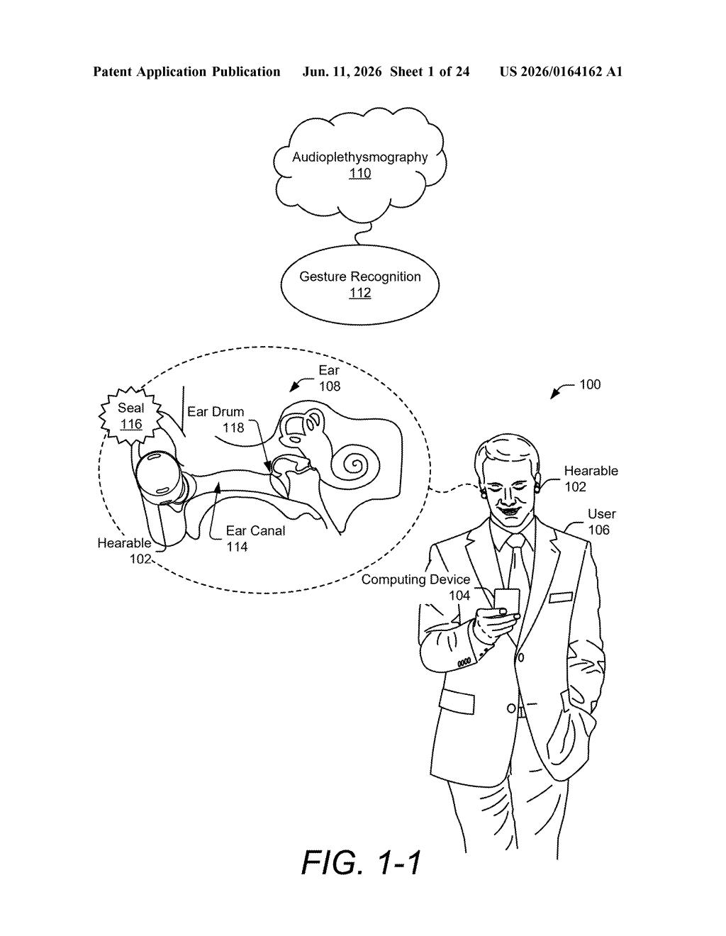 Google Patent: Gesture Control via In-Ear Sound Sensing — figure from US 2026/0164162 A1