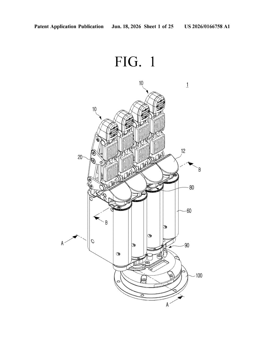 Samsung Robot Hand Patent: Motorized Finger Repositioning — figure from US 2026/0166758 A1