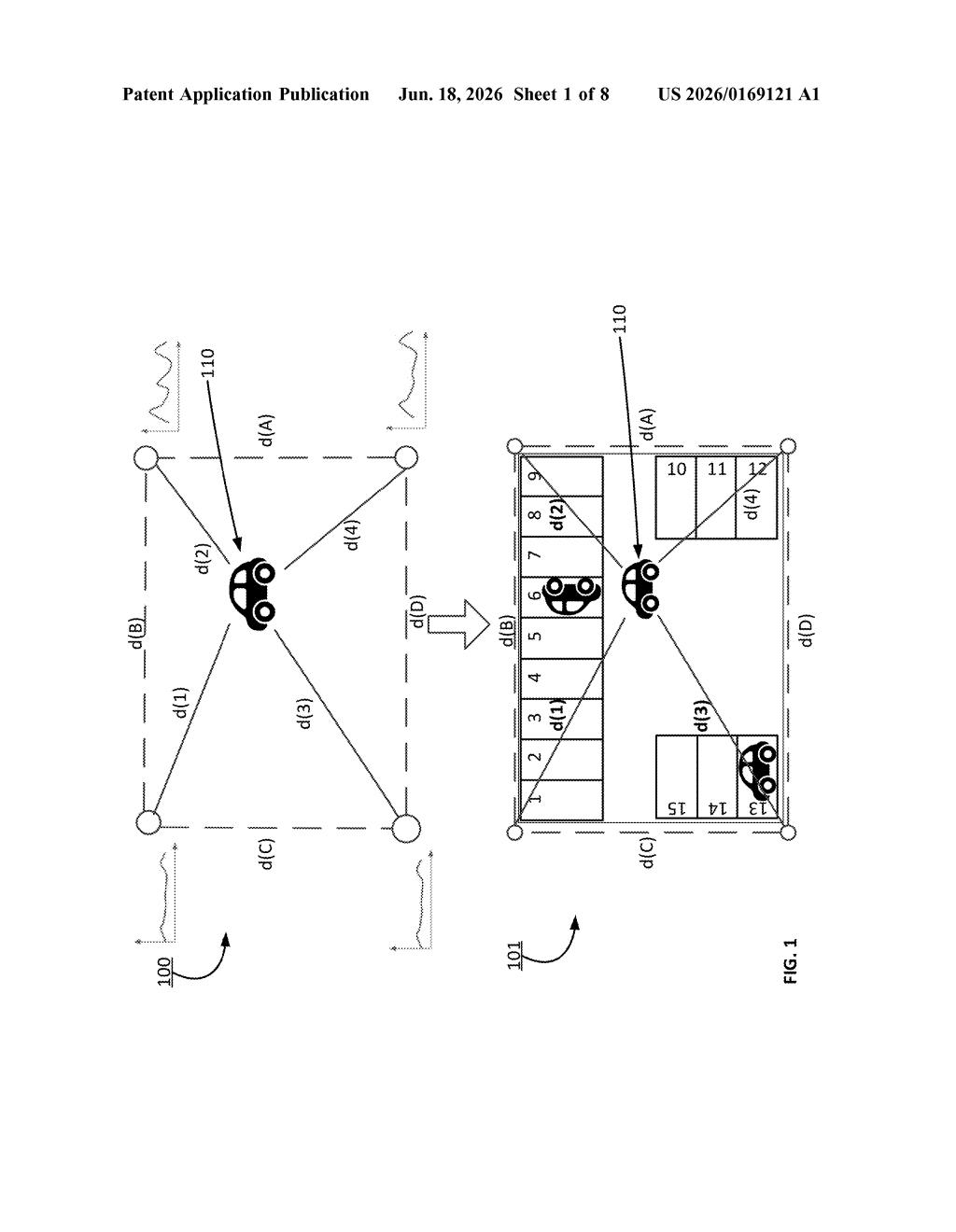 Google Patent: Acoustic Sensors for Parking Detection — figure from US 2026/0169121 A1