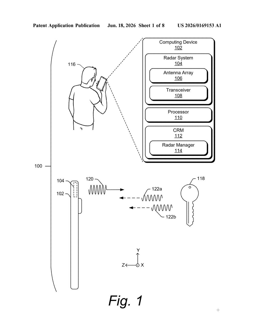 Google Patent: Radar That Recognizes Objects by Reflection — figure from US 2026/0169153 A1