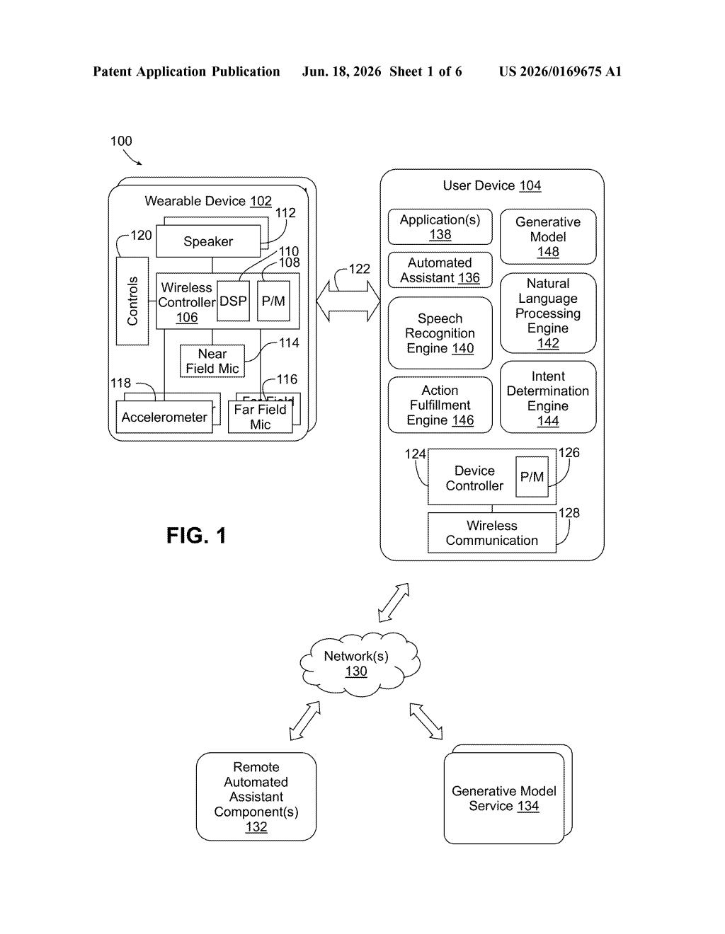Google Patent: Wearable Uses Accelerometer to Boost Speech Recognition — figure from US 2026/0169675 A1
