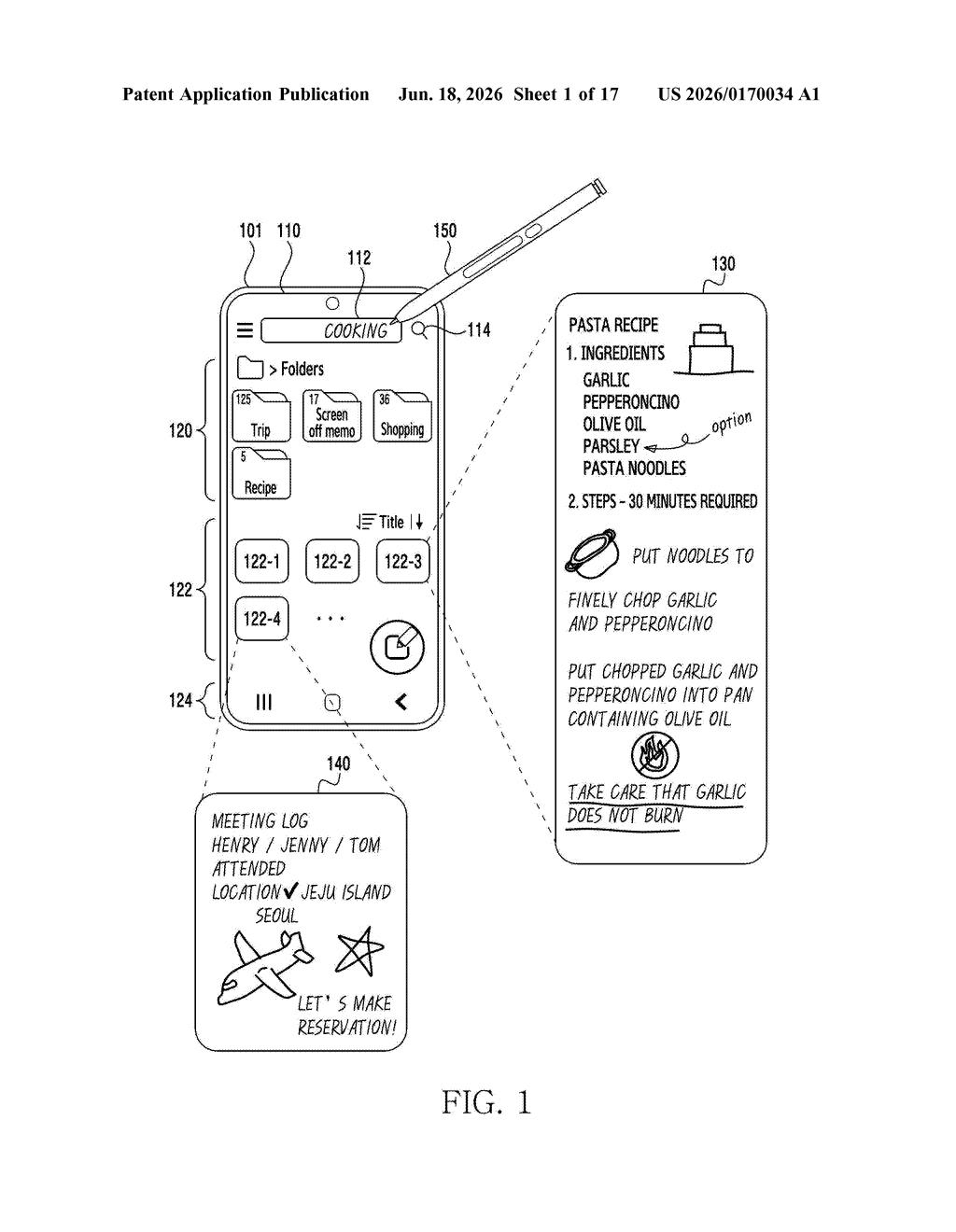 Samsung Patent: AI-Powered Notes Search by Text or Drawing — figure from US 2026/0170034 A1