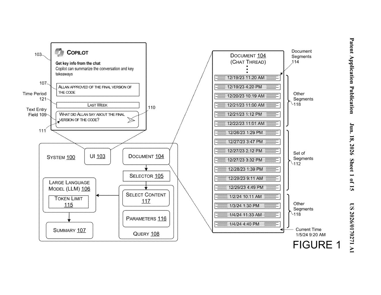 Microsoft Patent: AI Summarizes Long Docs by Time Period — figure from US 2026/0170271 A1