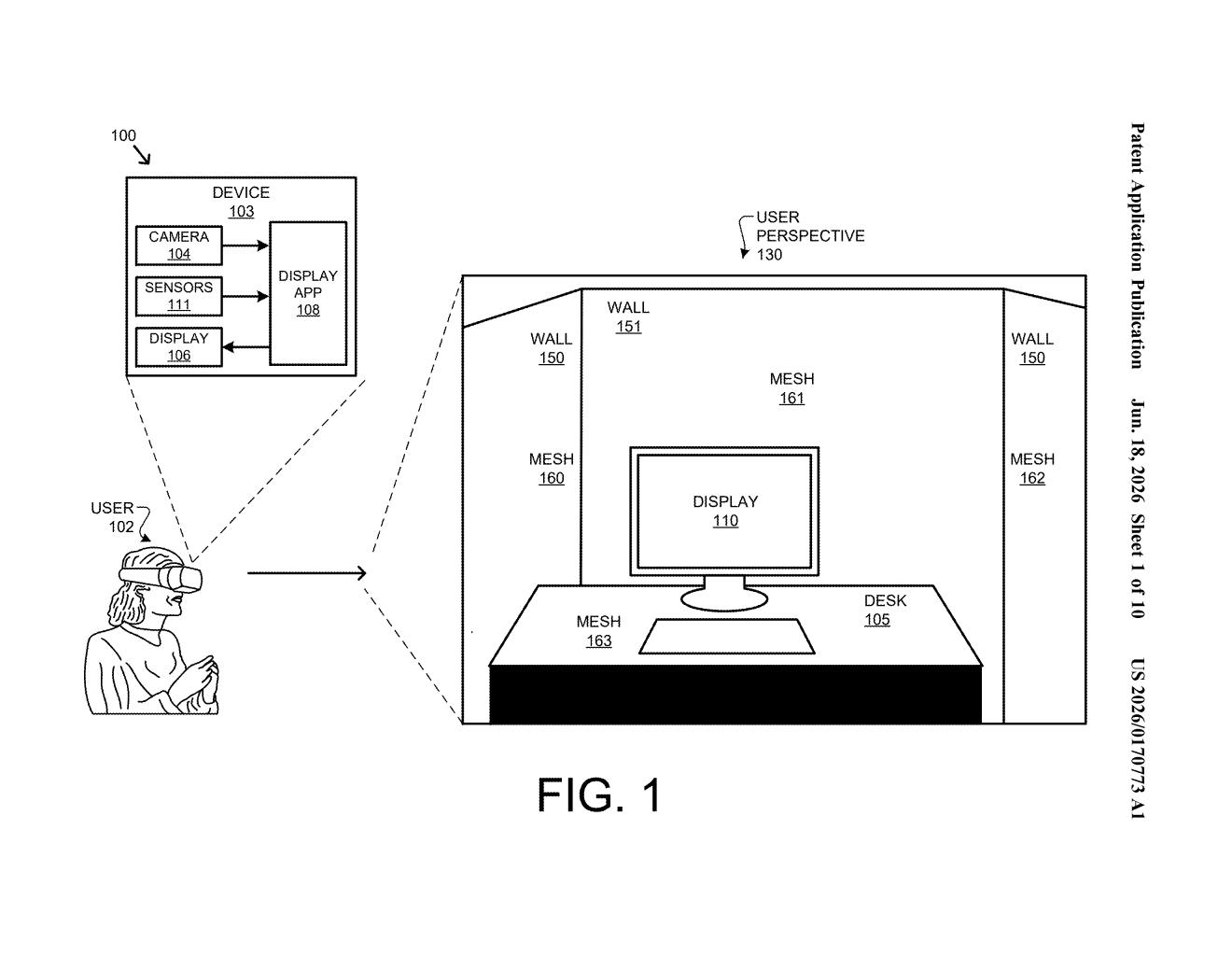 Google Patent: Moving Virtual Objects Between Real Surfaces in AR — figure from US 2026/0170773 A1