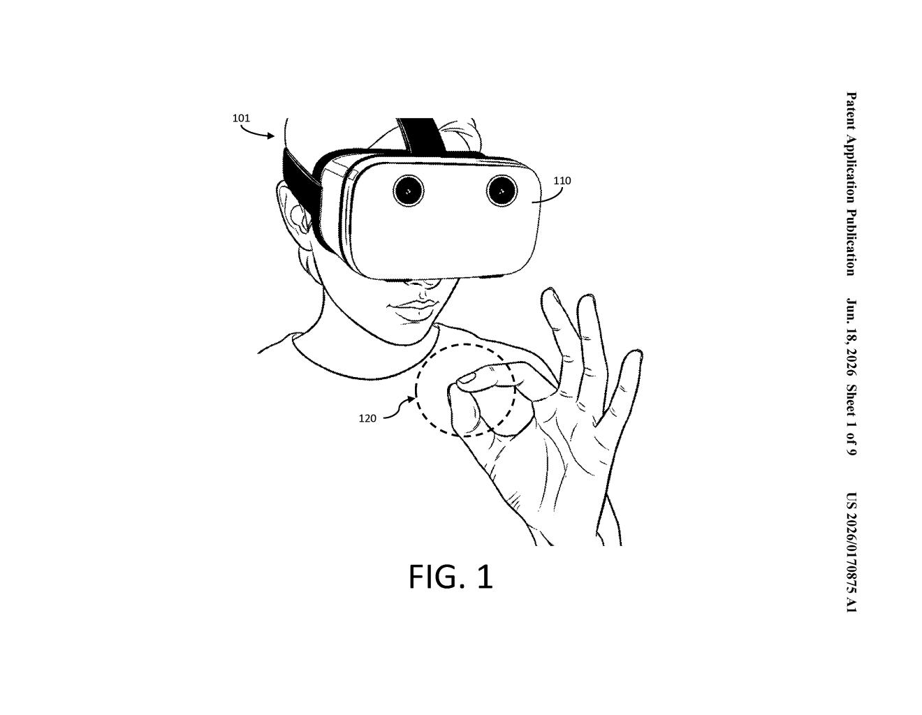 Google Patent: Gesture Detection for AR/VR Headsets — figure from US 2026/0170875 A1