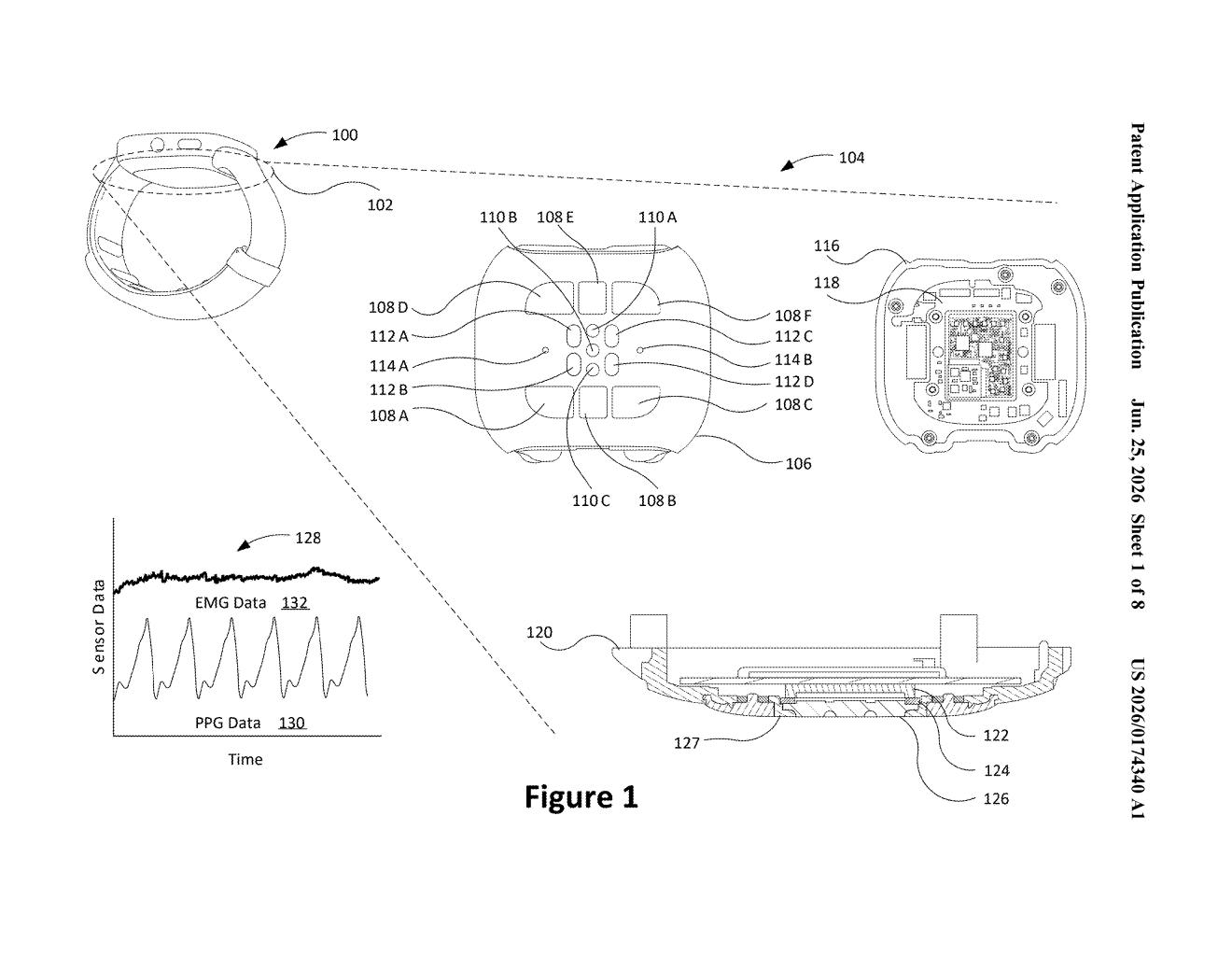 Meta Patent: EMG and Heart Rate in One Wrist Device — figure from US 2026/0174340 A1