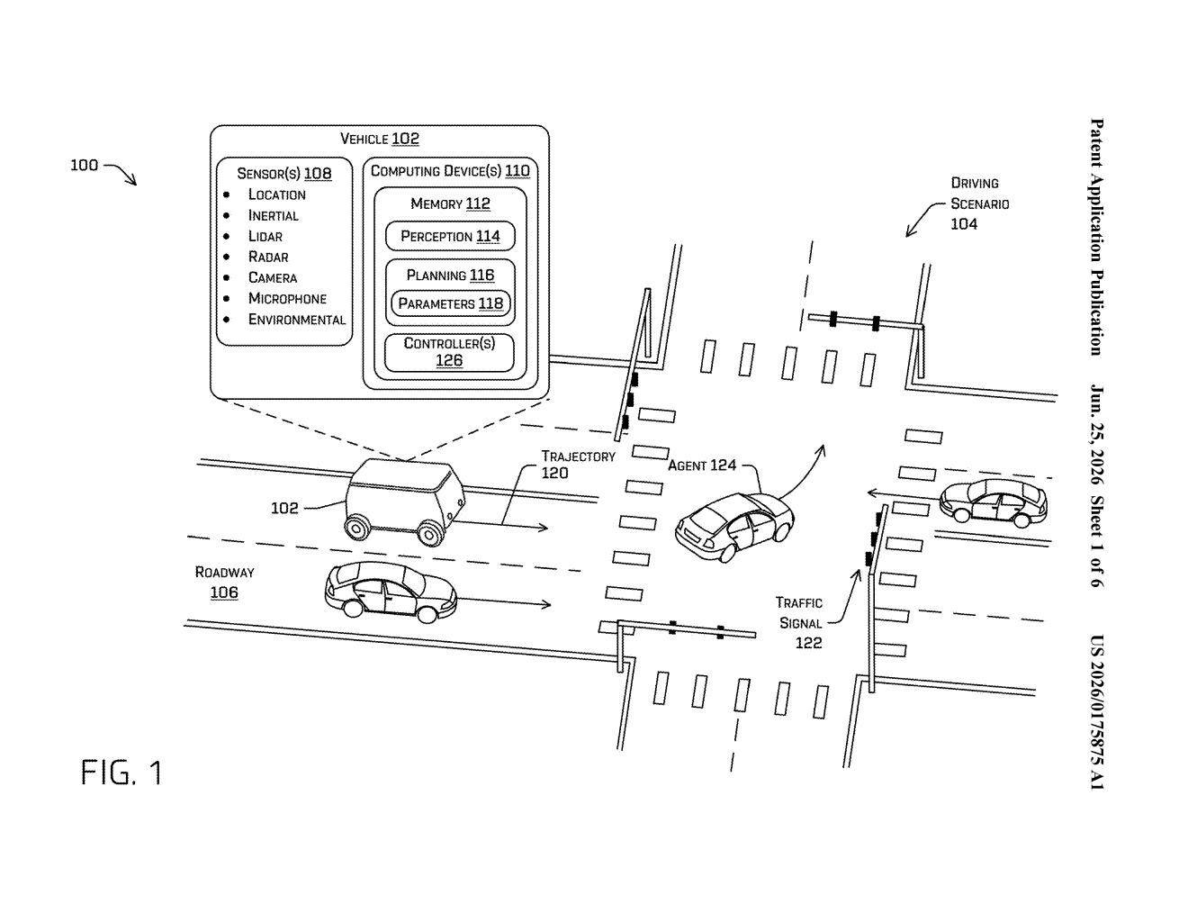 Zoox Patent: Tuning Autonomous Vehicle Traffic Signal Behavior — figure from US 2026/0175875 A1