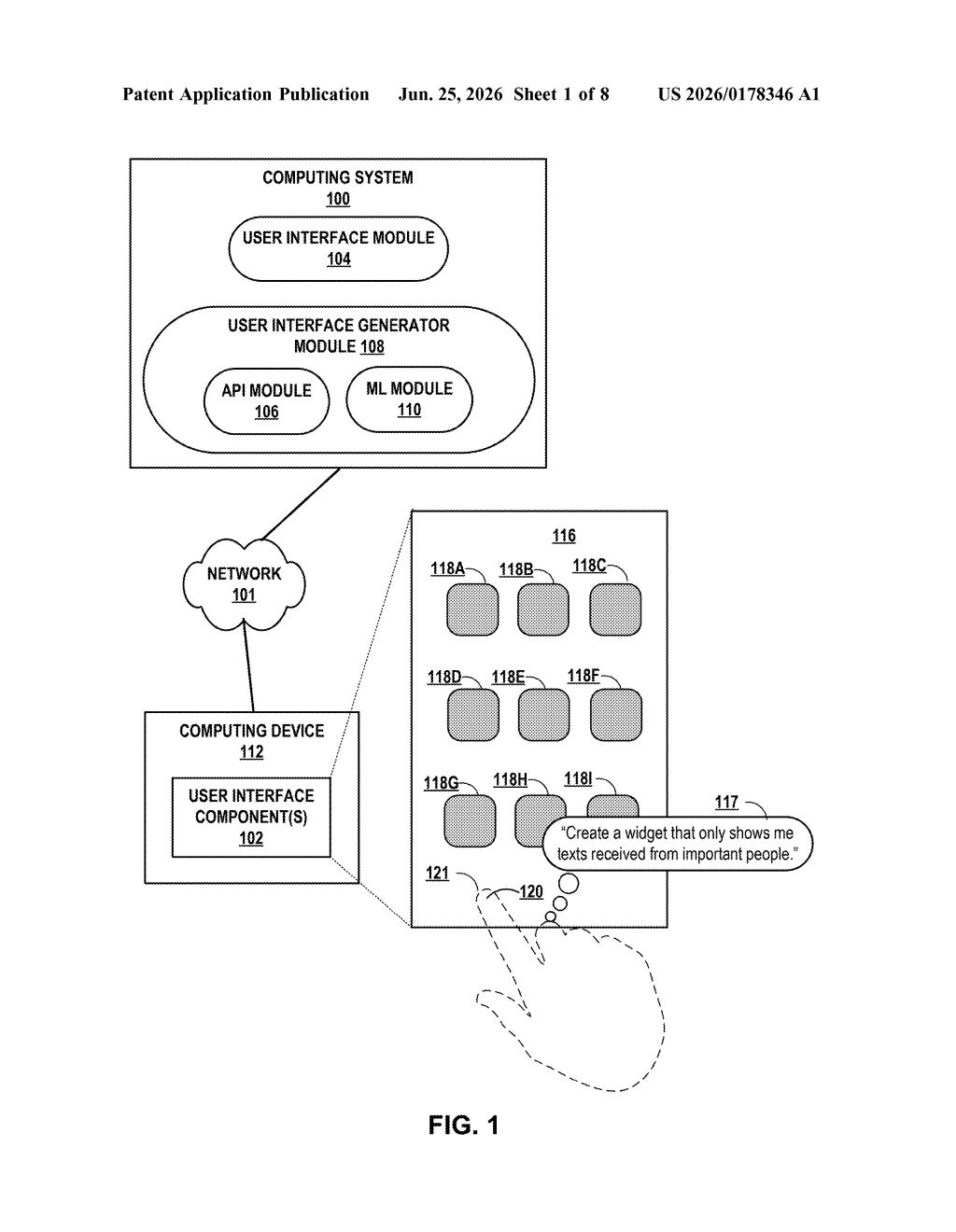 Google Patent: AI-Generated Widgets From Plain English — figure from US 2026/0178346 A1