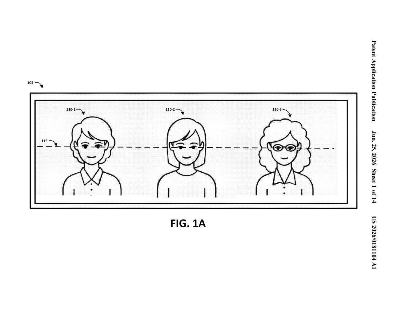 Google Patent: Eye-Level Video Calls in Hybrid Meetings — figure from US 2026/0181104 A1