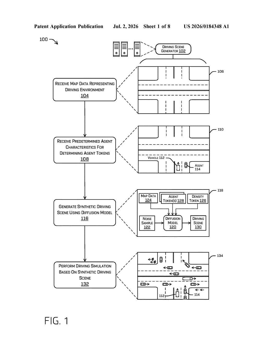 Zoox Patent: AI-Generated Synthetic Driving Scenes — figure from US 2026/0184348 A1