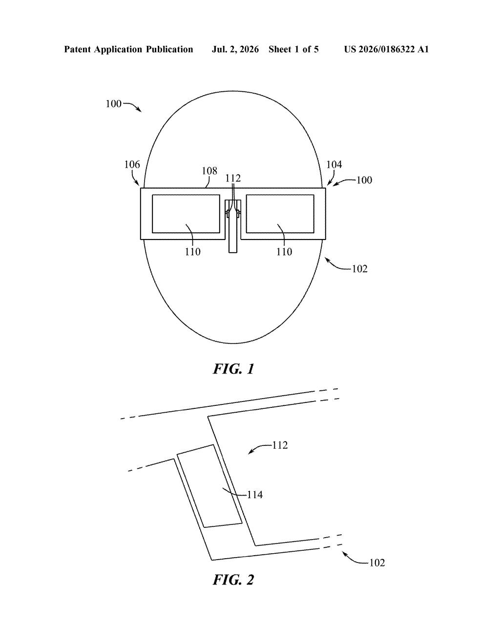 Apple Patent: Self-Gripping Eyewear Nose Pad System — figure from US 2026/0186322 A1
