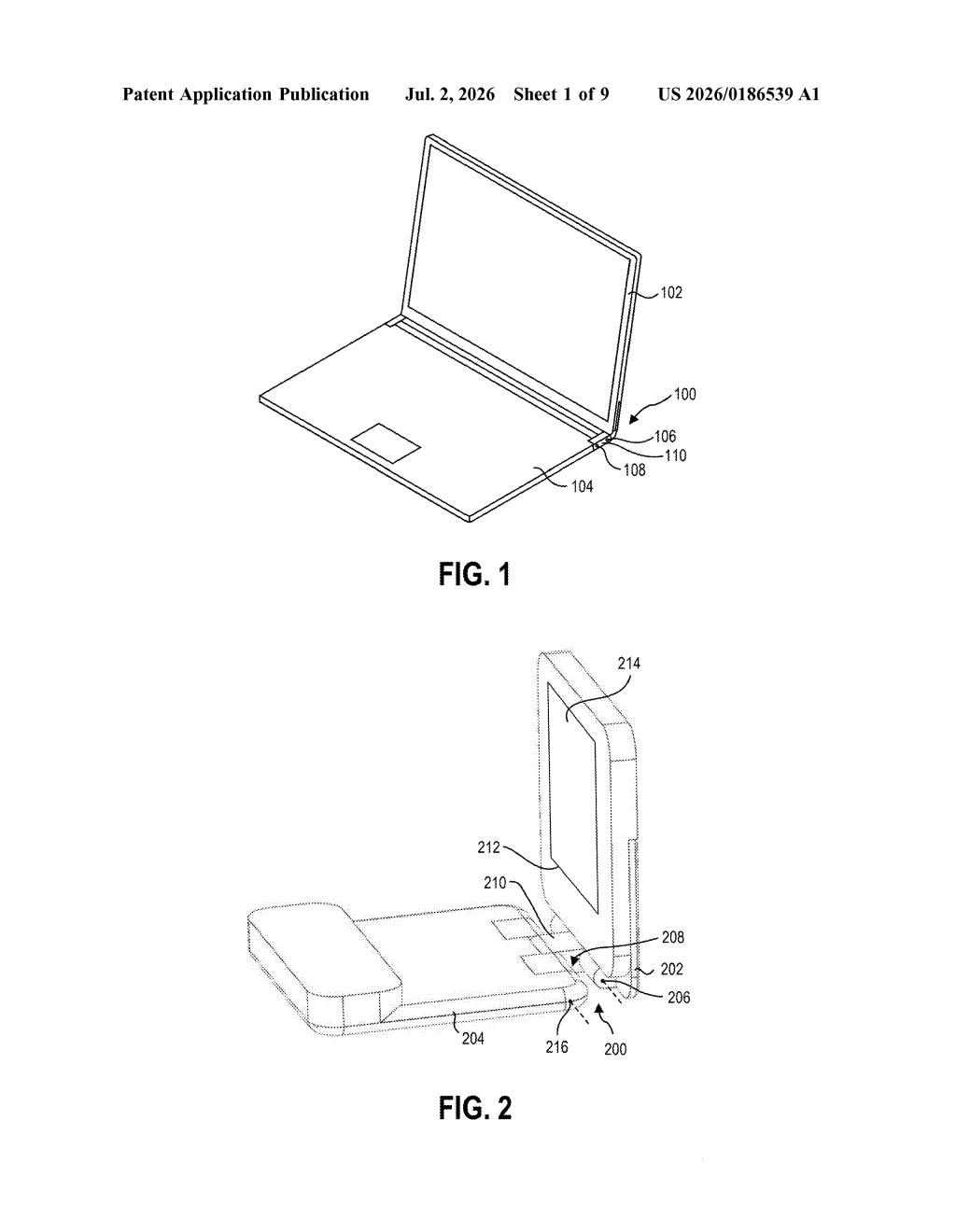Microsoft Patent: A Hinge Where the Pivot Point Moves — figure from US 2026/0186539 A1
