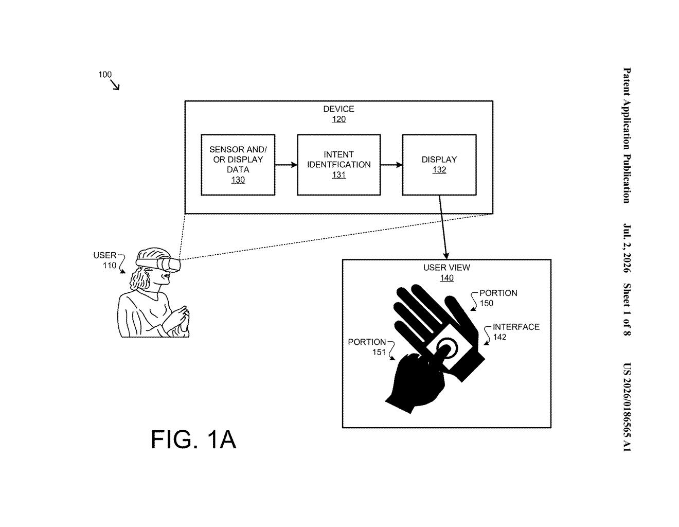 Google Patent: Wearable Displays UI on Your Own Body — figure from US 2026/0186565 A1