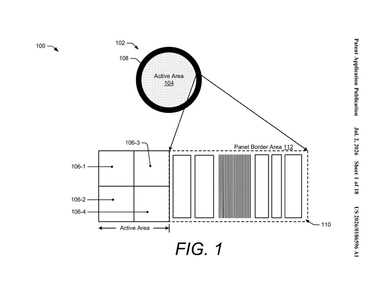 Google Patent: Touch Sensors in Enlarged Display Active Areas — figure from US 2026/0186596 A1