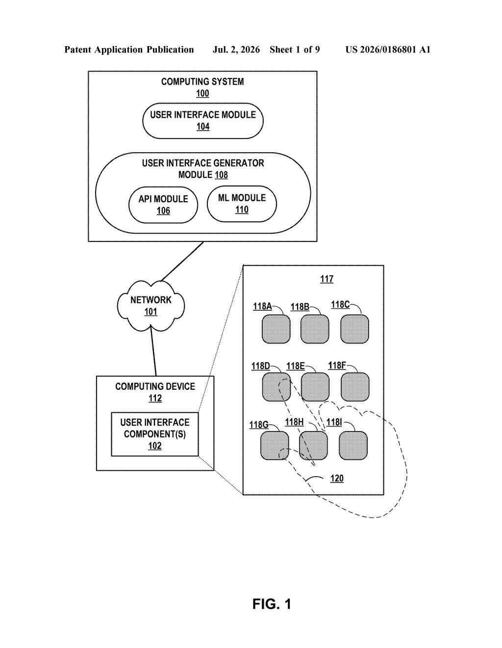 Google Patent: LLM-Generated UI Widgets Explained — figure from US 2026/0186801 A1
