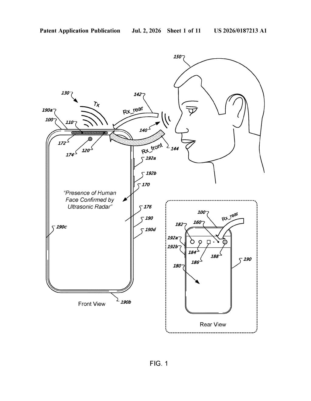 Google Patent: Ultrasonic Face Detection Anti-Spoofing — figure from US 2026/0187213 A1