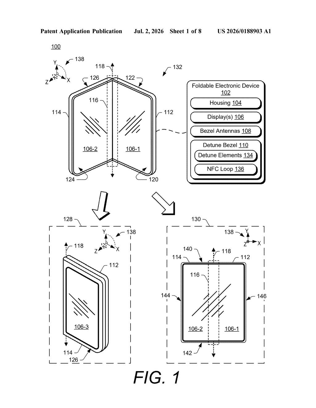 Google Patent: Foldable Phone NFC Built Into the Bezel — figure from US 2026/0188903 A1