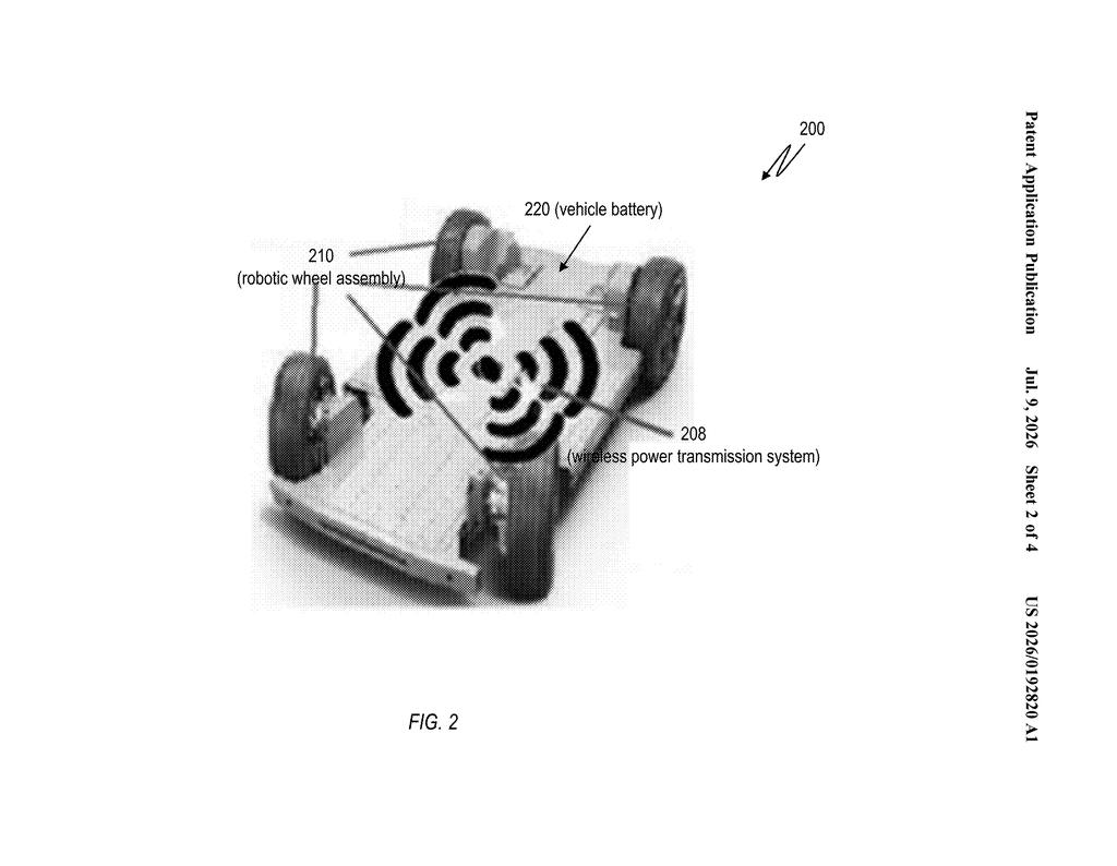 IBM Patent: Wireless Power for Robotic Car Wheels — figure from US 2026/0192820 A1