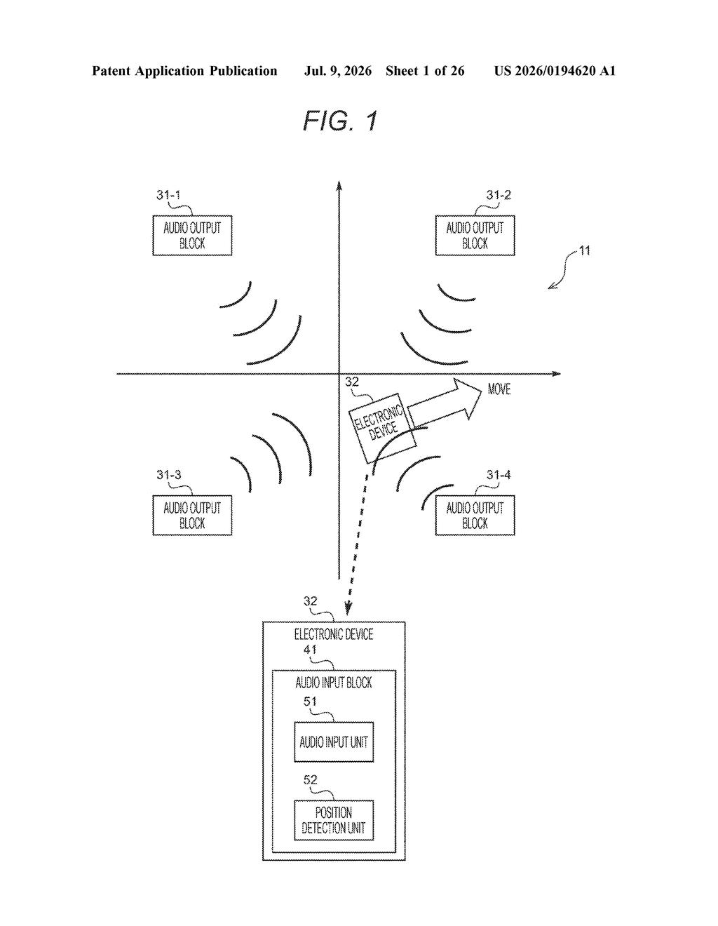 Sony Patent: Indoor Positioning via Sound and Ceiling Reflections — figure from US 2026/0194620 A1