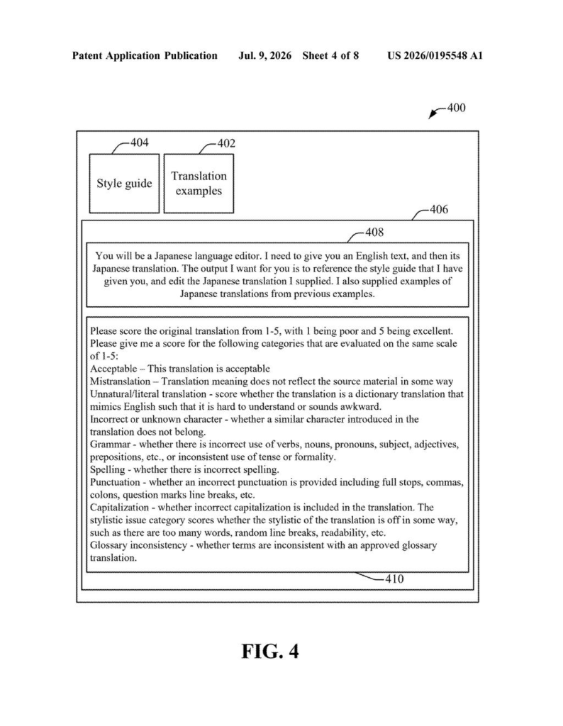 Disney Patent: AI System That Grades Its Own Translations — figure from US 2026/0195548 A1