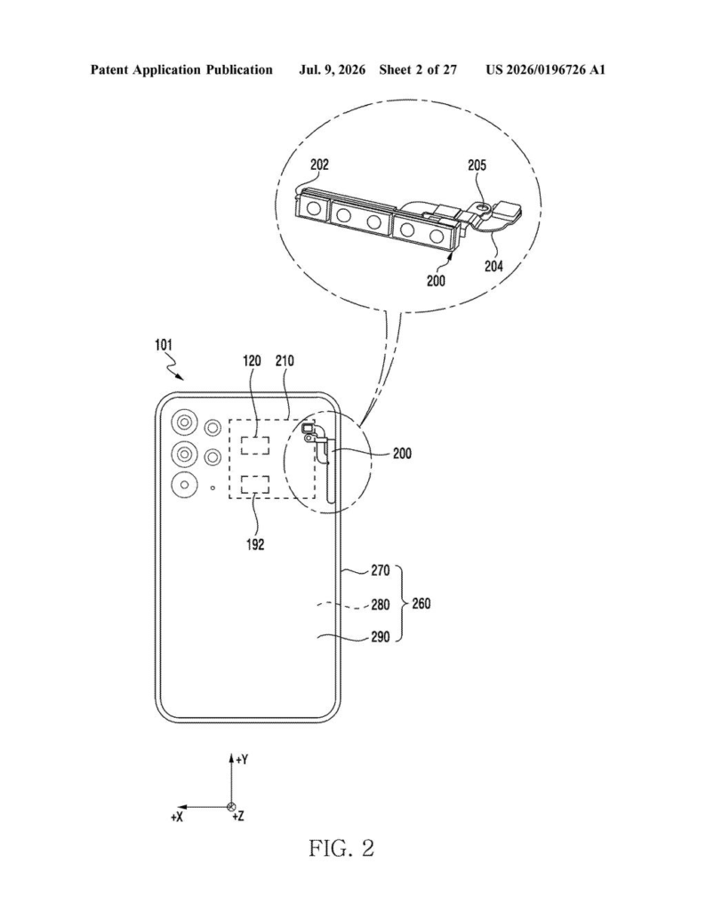 Samsung Patent: Multi-Band Antenna Stacked on One Circuit Board — figure from US 2026/0196726 A1