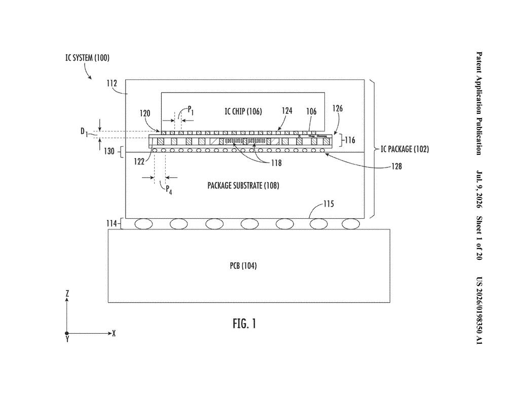 Qualcomm Patent: Capacitor-Embedded Chip Packaging Explained — figure from US 2026/0198350 A1