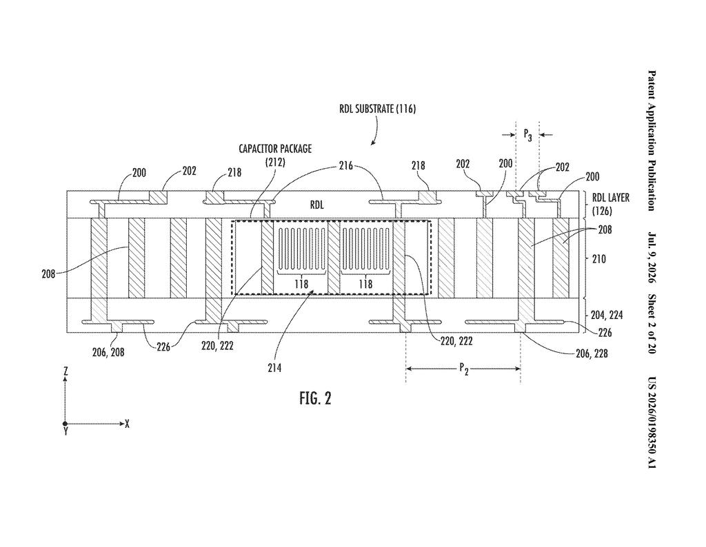 Qualcomm Patent: Capacitor-Embedded Chip Packaging Explained — figure from US 2026/0198350 A1