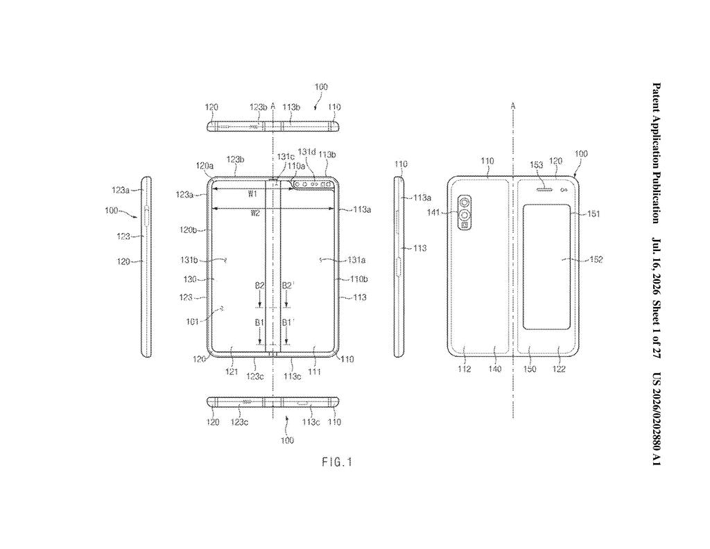 Samsung Patent: Foldable Phone Dust-Blocking Hinge System — figure from US 2026/0202880 A1