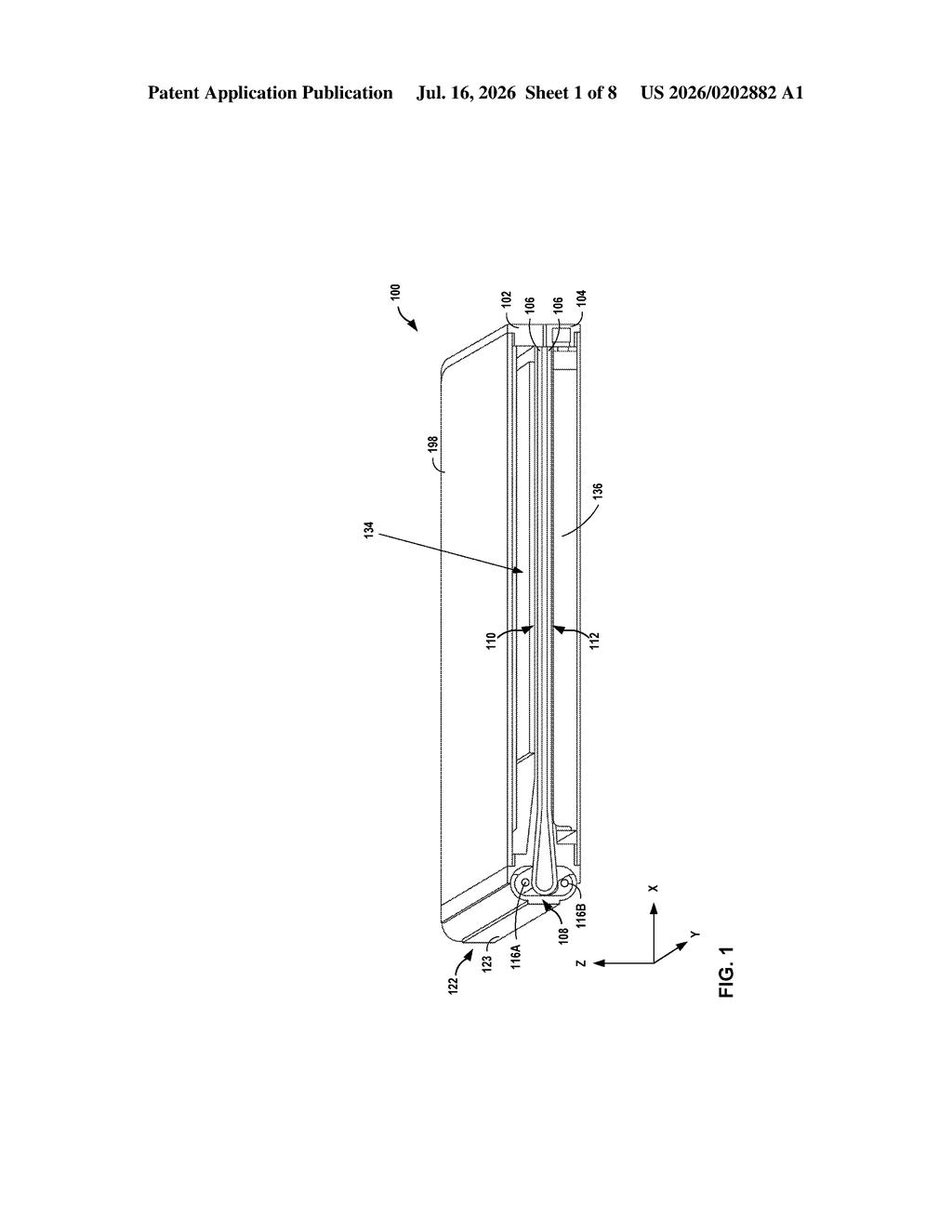 Google Patent: Foldable Phone Hinge With Auto-Close Force — figure from US 2026/0202882 A1