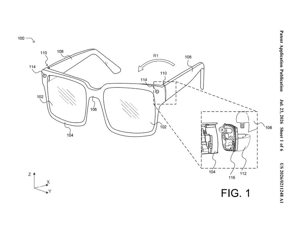 Meta Patent: Water Protection for Smart Glasses Hinge — figure from US 2026/0211248 A1