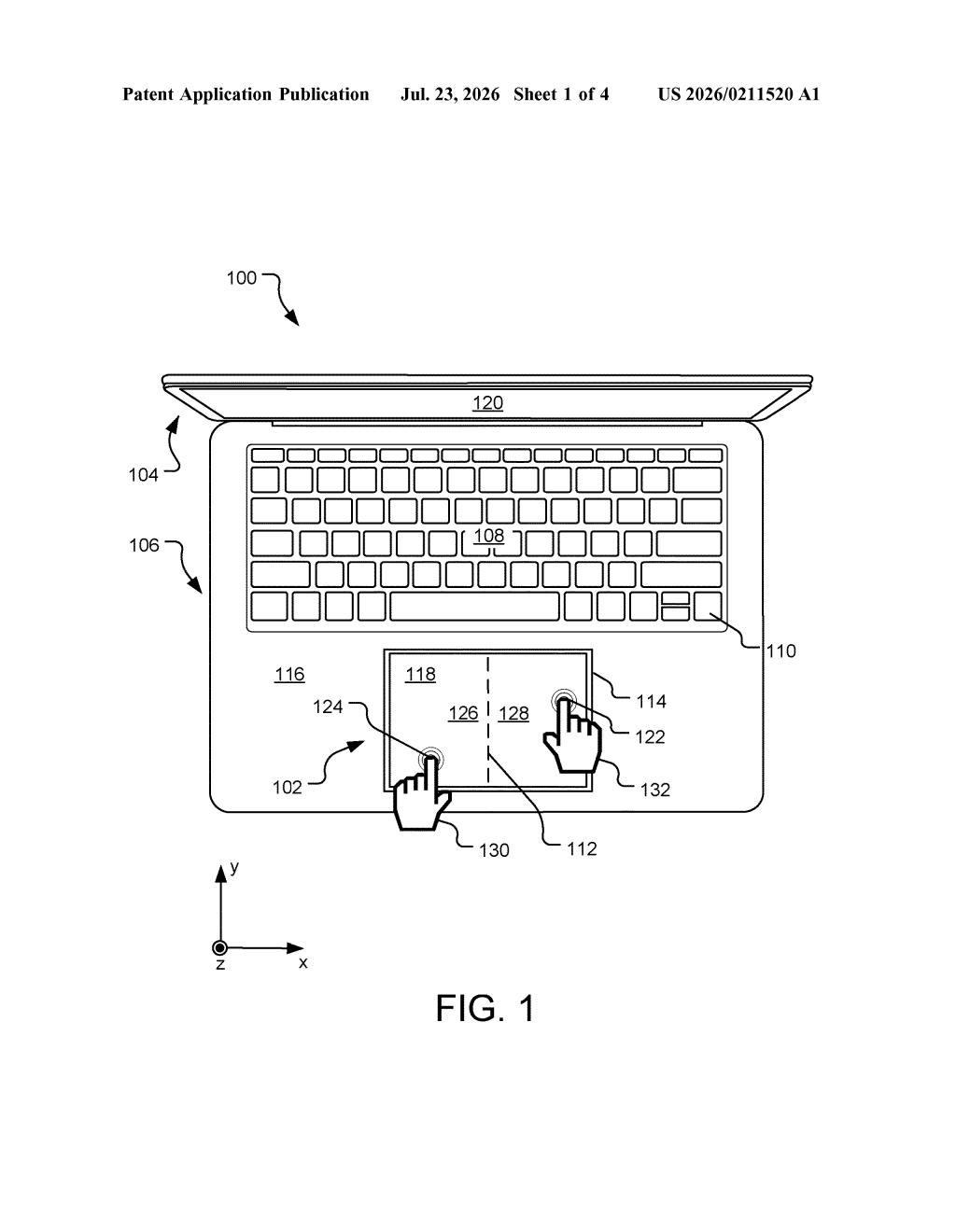 Microsoft Patent: Trackpad Split Into Two Control Zones — figure from US 2026/0211520 A1