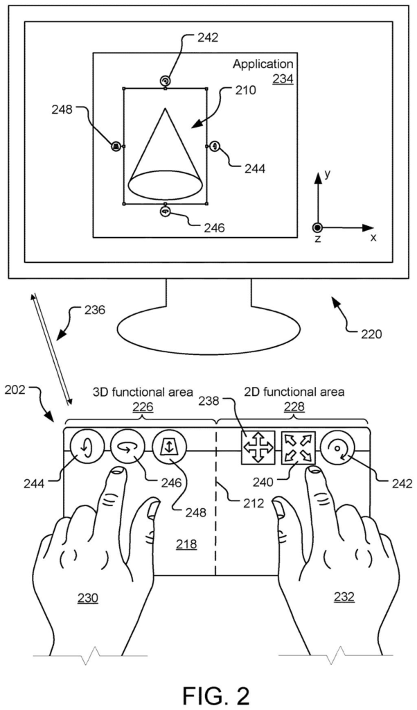 Microsoft Patent: Trackpad Split Into Two Control Zones — figure from US 2026/0211520 A1