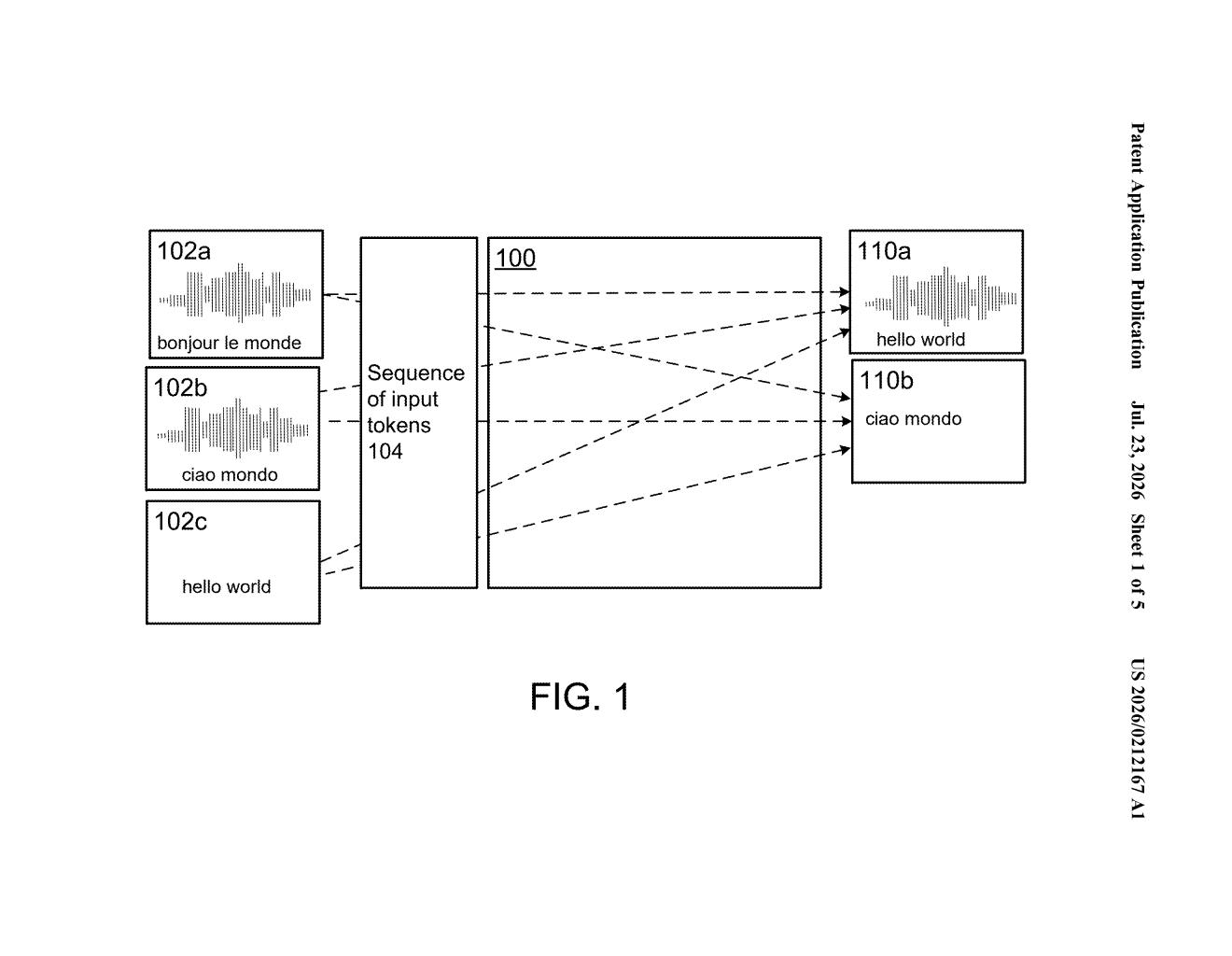 Google Patent: AI Model That Mixes Text and Audio Tokens — figure from US 2026/0212167 A1