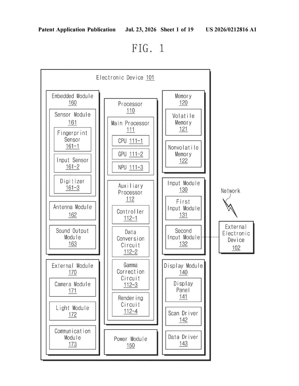 Samsung Display Patent: Under-Screen Camera Pixel Control — figure from US 2026/0212816 A1