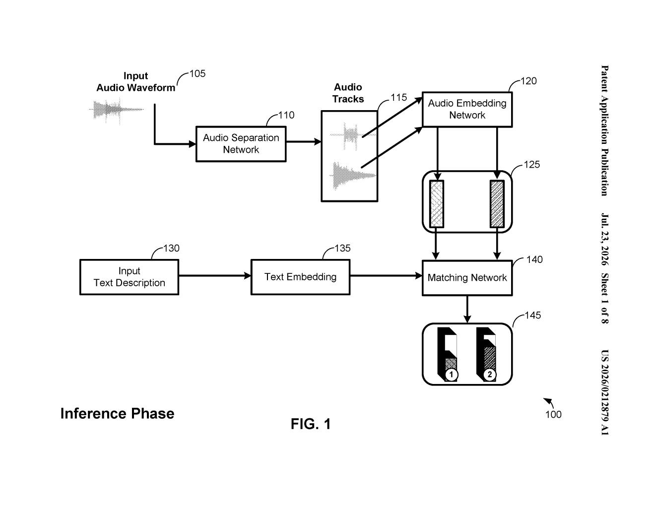 Google Patent: AI Audio Separation by Text Description — figure from US 2026/0212879 A1