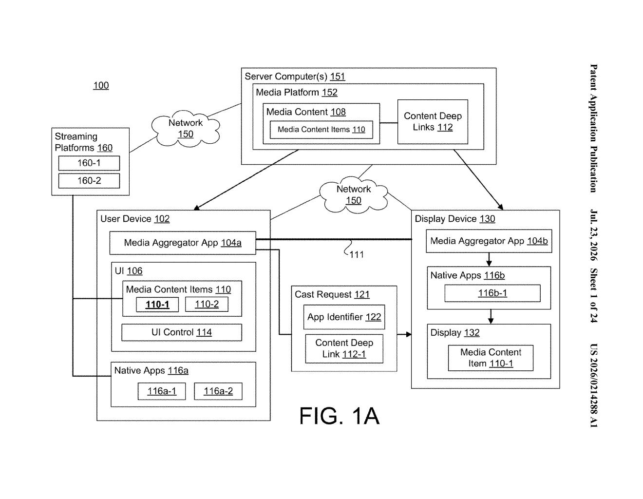 Google Patent: Cast TV Shows from Any Streaming App at Once — figure from US 2026/0214288 A1
