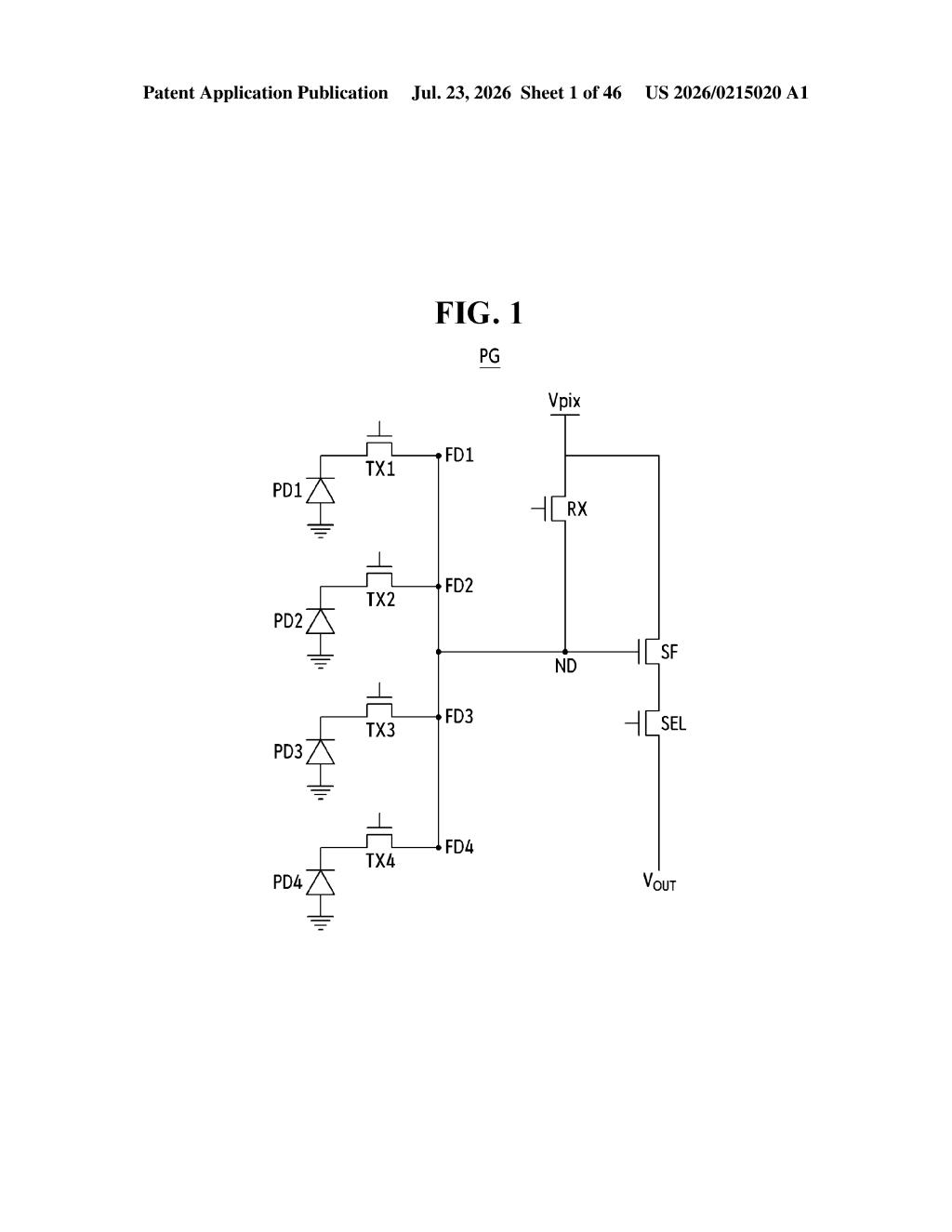Samsung Image Sensor Patent: Shared Pixel Pad Design — figure from US 2026/0215020 A1